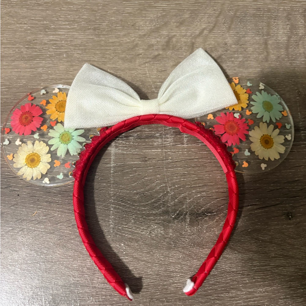 White Bow Floral Clear Ear Headband - Red Headband
